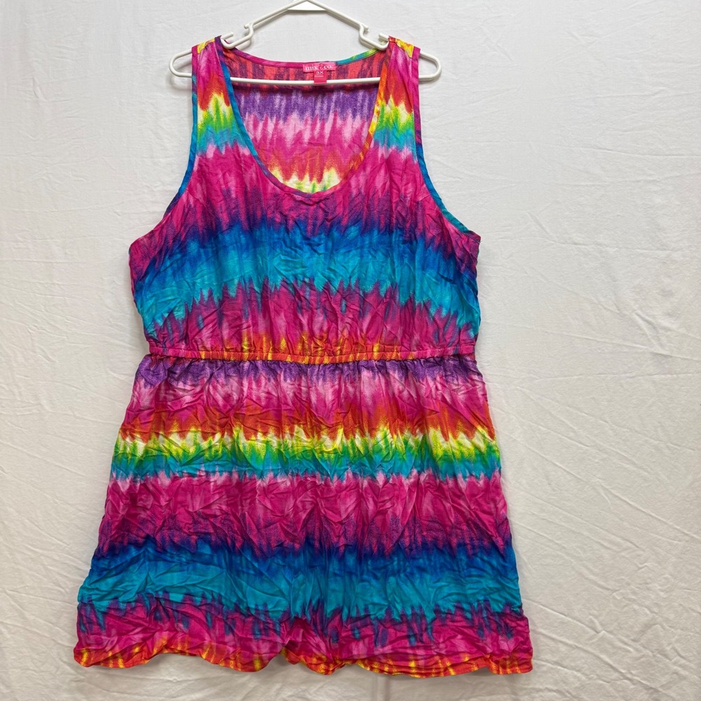 Mix & Co Womens 3X Tie Dye Rainbow Sleeveless Elastic Waist Rayon Mini Dress